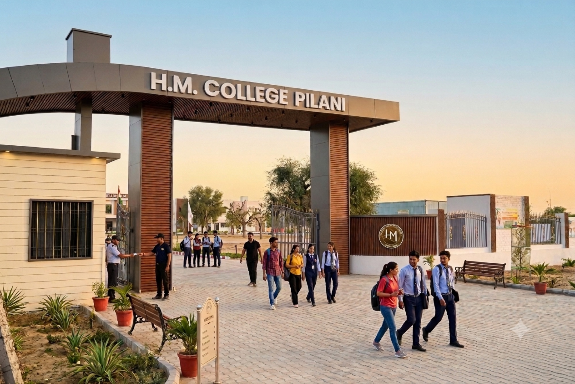 Students walking through the main entrance gate of H.M. College Pilani at dusk